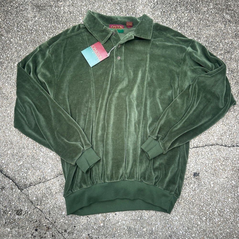 Vintage Oakton Limited Mens XL Green Velour Long Sleeve Polo Shirt NWT Deadstock